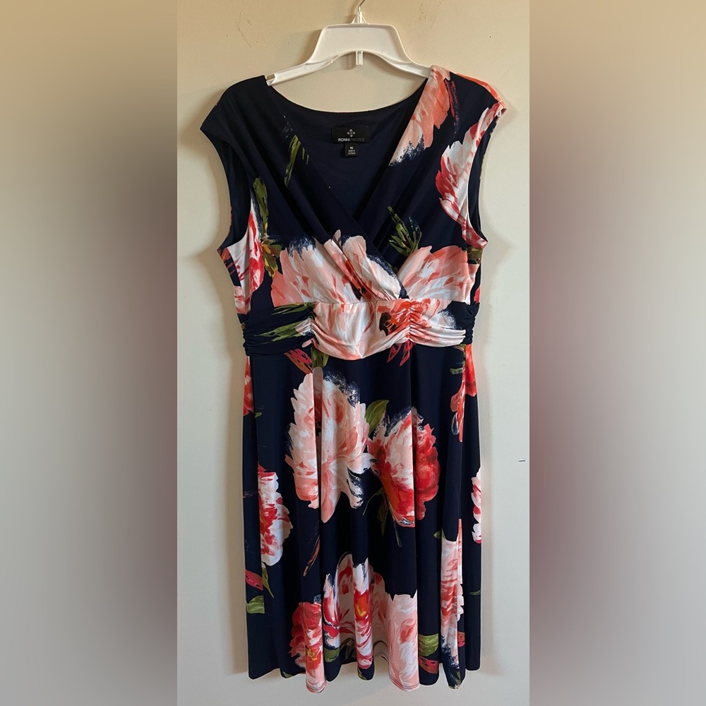 Ronni Nicole Sleeveless Midi Dress, V Neck, Pull On, Color: Blue/Multi, Size 16